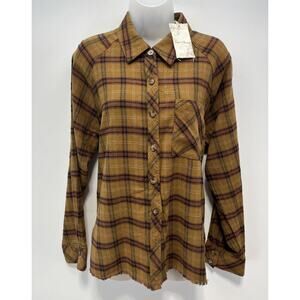 Hem & Thread Brown & Red Plaid Long Sleeve Button Up Raw Hem Size M